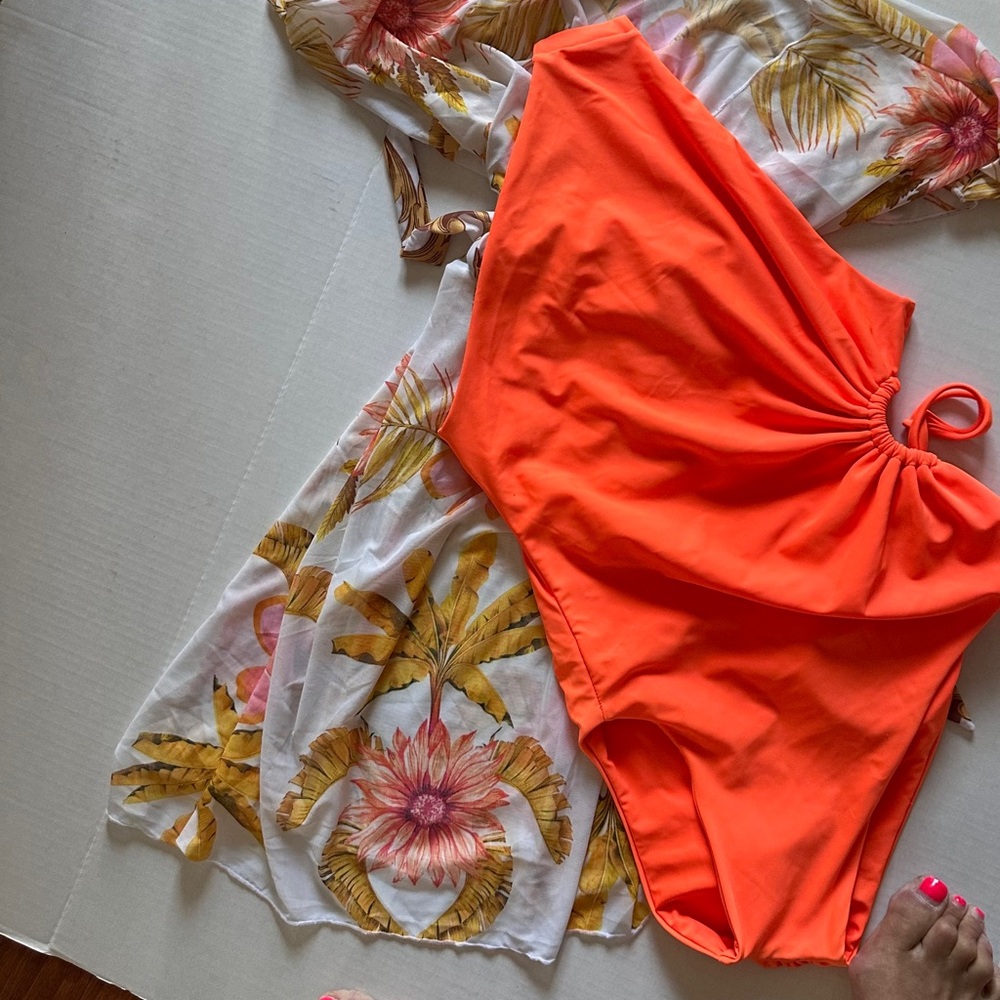 NWT TFY Small Neon Orange One Piece Swimsuit + Floral Kimono Cover Up